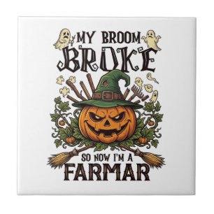 Azulejo Granja de escoba rota Calabaza de Halloween Bruja 