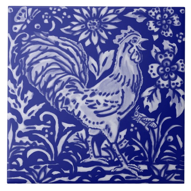 Azulejo Granja de gallo azul de pollo floral de arte rústi (Frente)