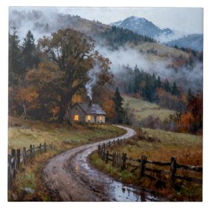 Azulejo Granja en las montañas de otoño