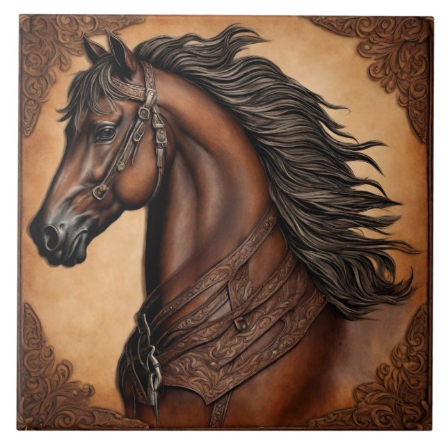 Azulejo Granja Rancho País Occidental Caballo Marrón Ecues (Frente)