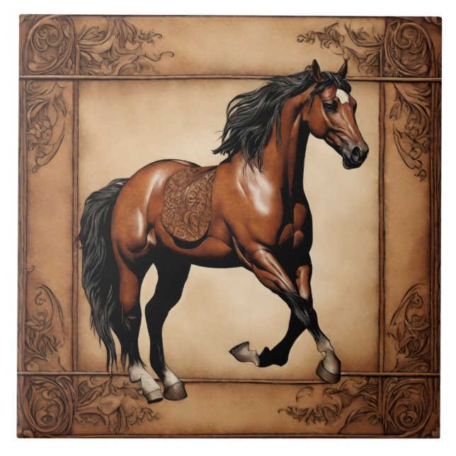 Azulejo Granja Rancho País Occidental Caballo Marrón Ecues (Frente)