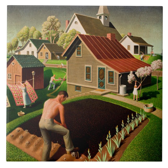 Azulejo Grant Wood - Primavera en la ciudad, arte fino (Frente)