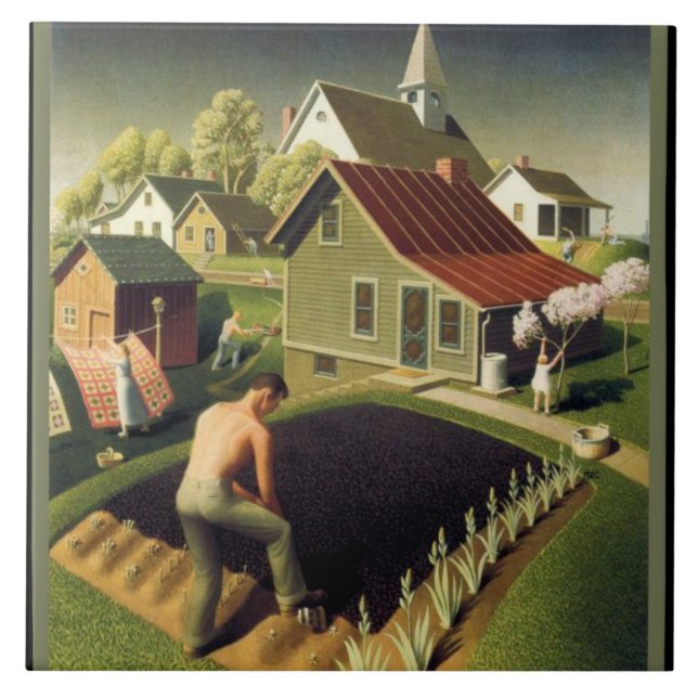 Azulejo Grant Wood - Primavera en la ciudad, pintura famos (Frente)