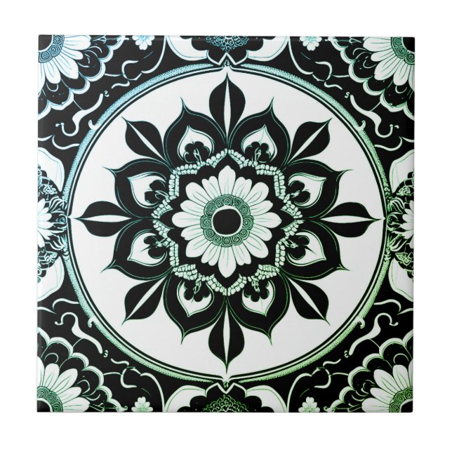 Azulejo Green and Black Mandala Tile (Frente)