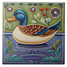 Azulejo Green & Blue Mallard Duck Arte Folclórico Europeo