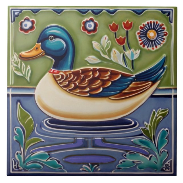 Azulejo Green & Blue Mallard Duck Arte Folclórico Europeo (Frente)
