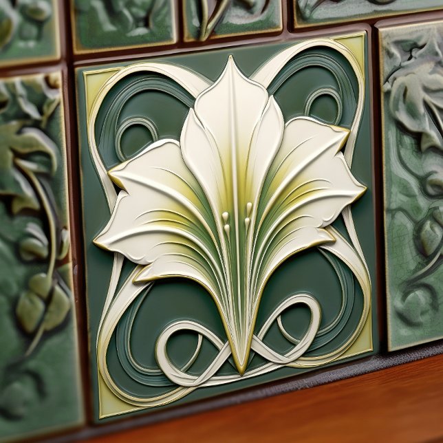 Azulejo Green Calla Lily Backsplash Repro Art Nouveau (Subido por el creador)