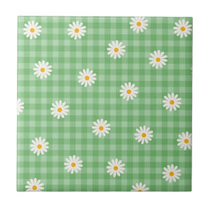 Azulejo Green Daisy Plaid Gingham Check Flower Pattern