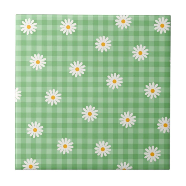Azulejo Green Daisy Plaid Gingham Check Flower Pattern (Frente)