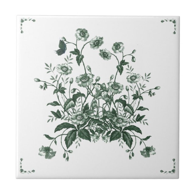 Azulejo Green Flower Bush Toile Inspired Decorative Tile (Frente)