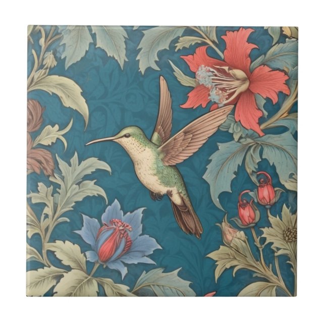 Azulejo Green Hummingbird Bird William Morris estilo izqui (Frente)