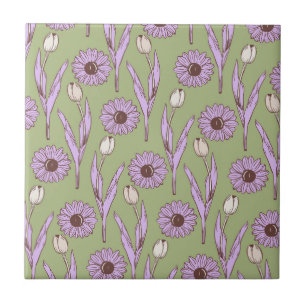 Azulejo Green Purple Retro Y2K Funky Hippie Flower Pattern