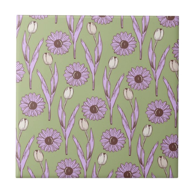 Azulejo Green Purple Retro Y2K Funky Hippie Flower Pattern (Frente)