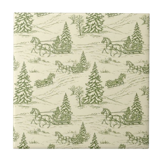 Azulejo Green Toile Christmas Sleigh Ride Pattern (Frente)