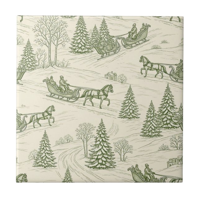 Azulejo Green Toile Christmas Sleigh Ride Pattern (2) (Frente)