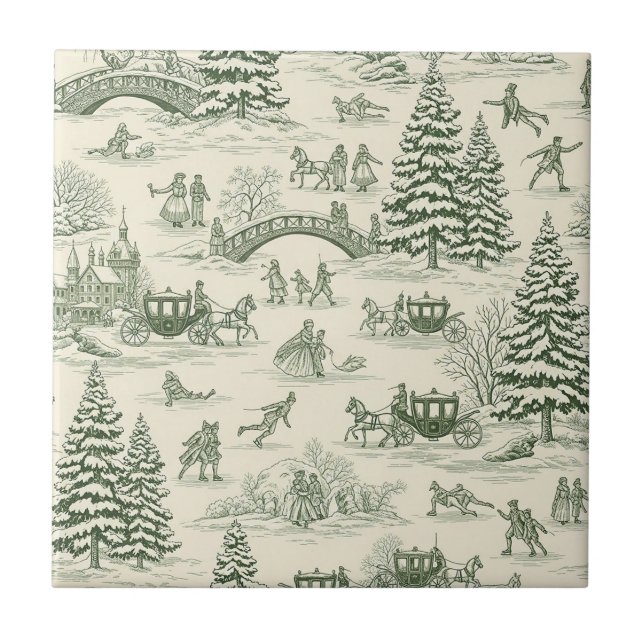 Azulejo Green Toile Christmas Sleigh Ride Pattern (3) (Frente)