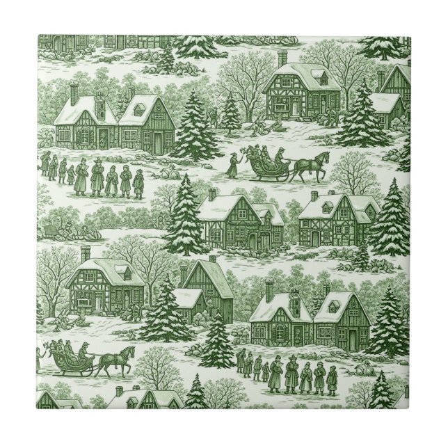 Azulejo Green Toile Vintage Christmas Village Pattern (Frente)