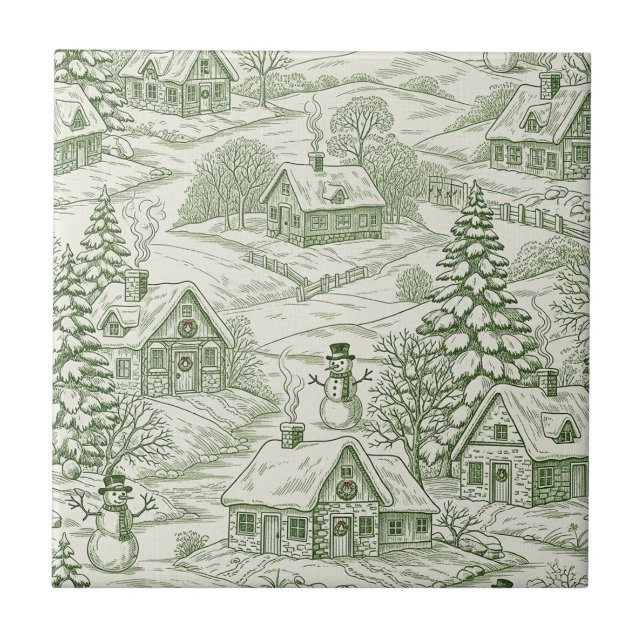 Azulejo Green Toile Vintage Christmas Village Pattern (3) (Frente)