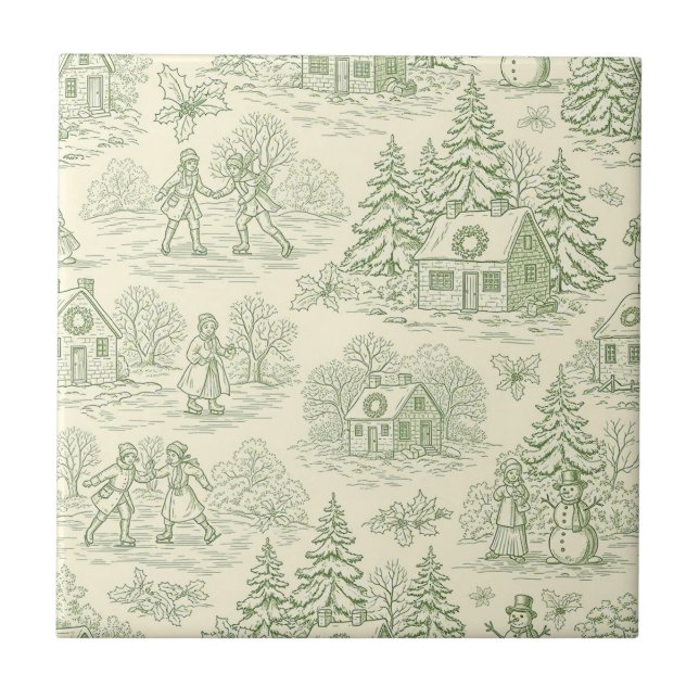 Azulejo Green Toile Vintage Christmas Village Pattern (6) (Frente)