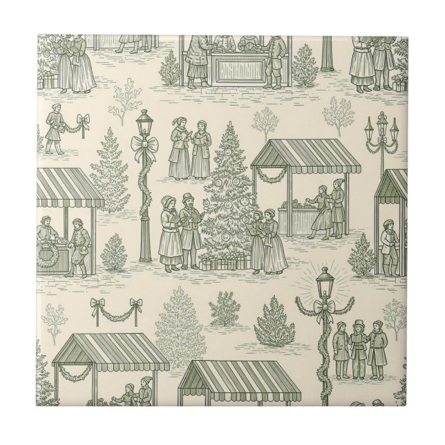 Azulejo Green Toile Vintage Christmas Village Scene (2) (Frente)