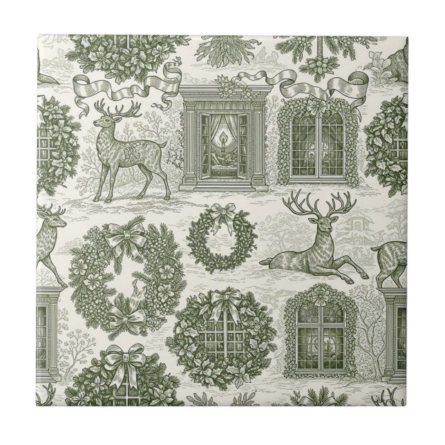 Azulejo Green Toile Woodland Deer Christmas Pattern (Frente)