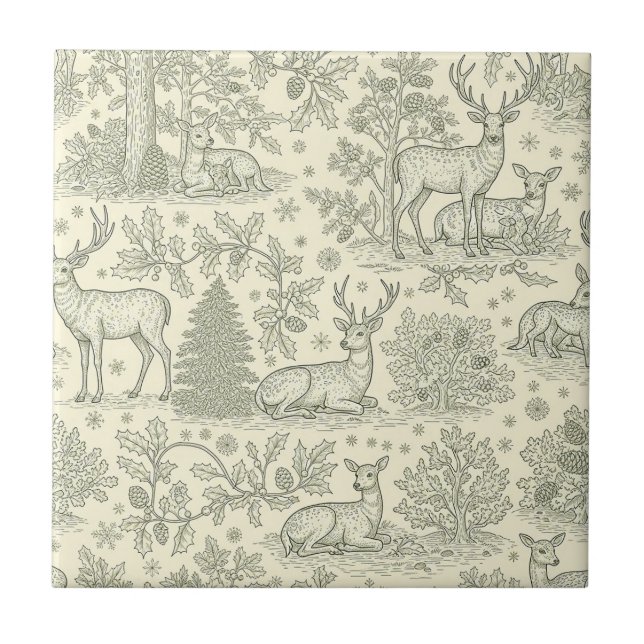 Azulejo Green Toile Woodland Deer Christmas Pattern (2) (Frente)