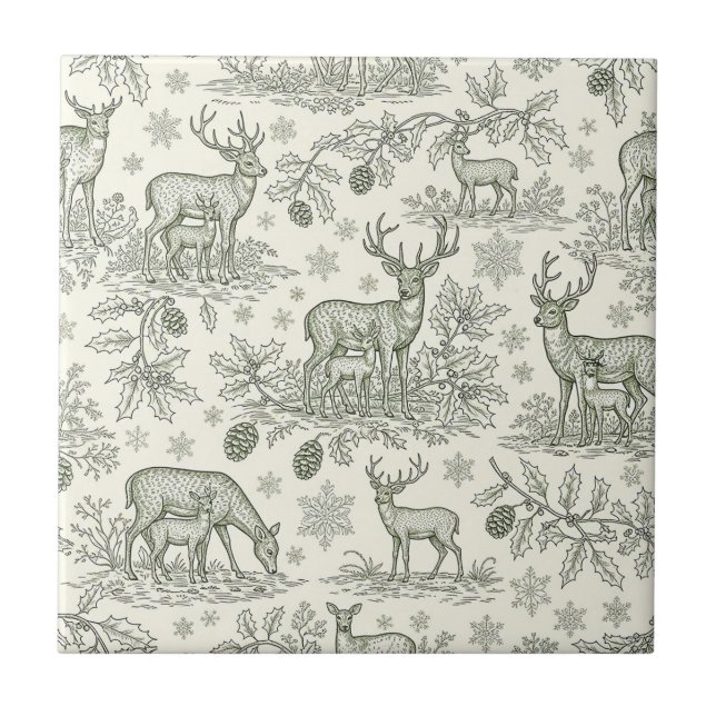 Azulejo Green Toile Woodland Deer Christmas Pattern (3) (Frente)