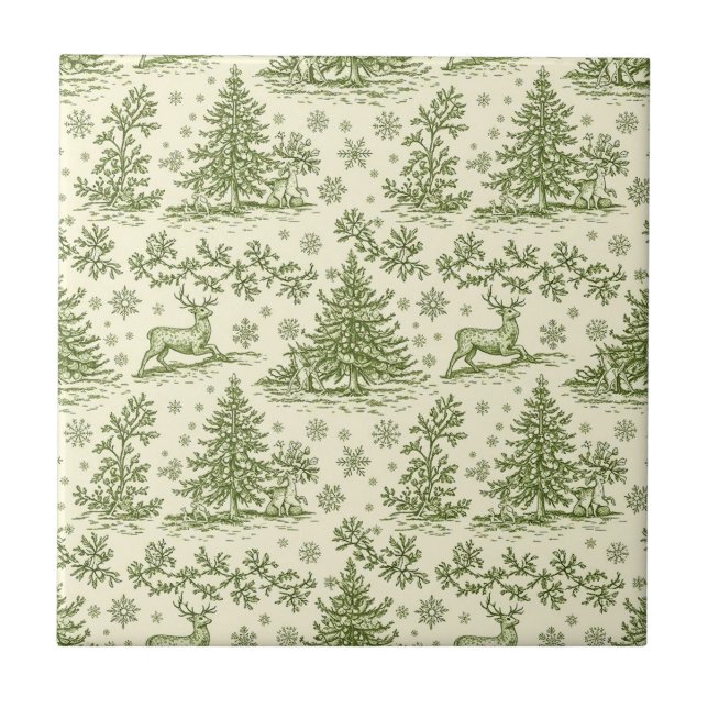 Azulejo Green Toile Woodland Deer Christmas Pattern (4) (Frente)