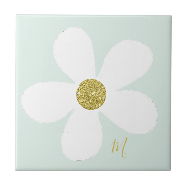 Azulejo Green White Daisy Simple Floral Gold Personal (Frente)