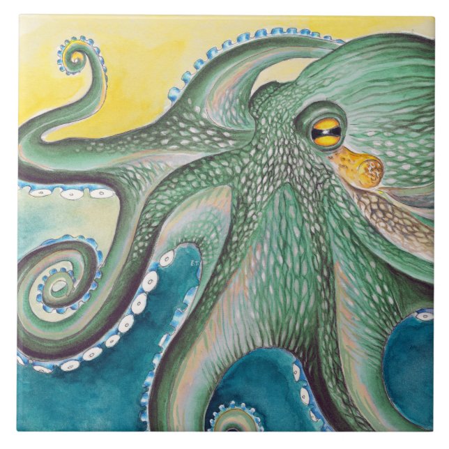 Azulejo Green Yellow Octopus Watercolor Art (Frente)