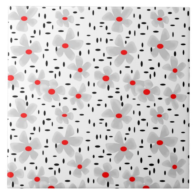 Azulejo gris con flores rojas sobre fondo blanco retro (Frente)