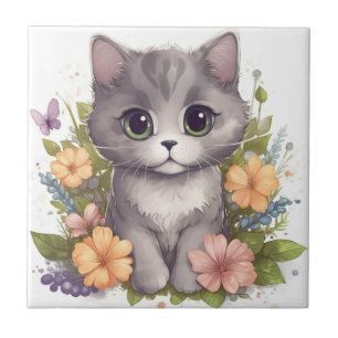 Azulejo Gris Gray Gatito con flores Kawaii Chibi