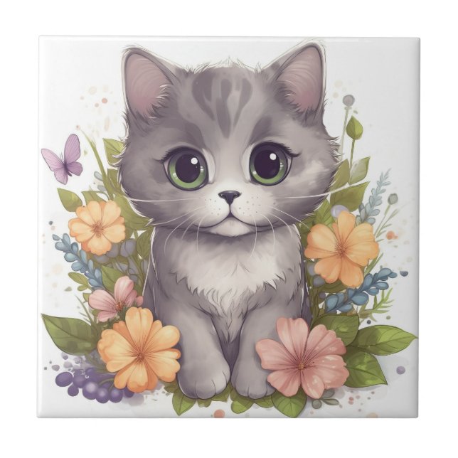 Azulejo Gris Gray Gatito con flores Kawaii Chibi (Frente)