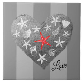 Azulejo Gris Stripe Tema Costero Seashell Starfish Corazón