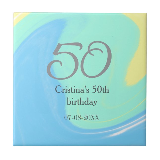 Azulejo Gris verde azul 50 cumpleaños añadir fecha retro (Frente)