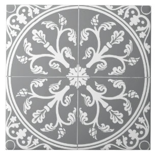 Azulejo Gris y Blanco Abstracto Botánico Círculo Vintage