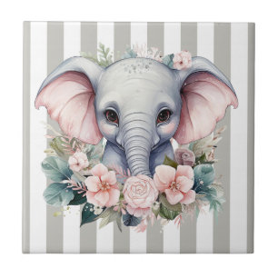 Azulejo Gris y Blanco con Raya Elefante Floral