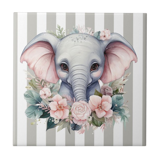 Azulejo Gris y Blanco con Raya Elefante Floral (Frente)