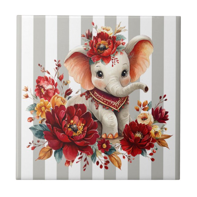 Azulejo Gris y Blanco con Raya Floral Elefante (Frente)
