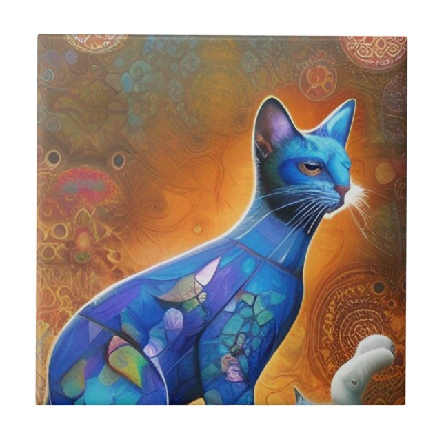 Azulejo Gritos abstractos de mosaico azul de gato (Frente)