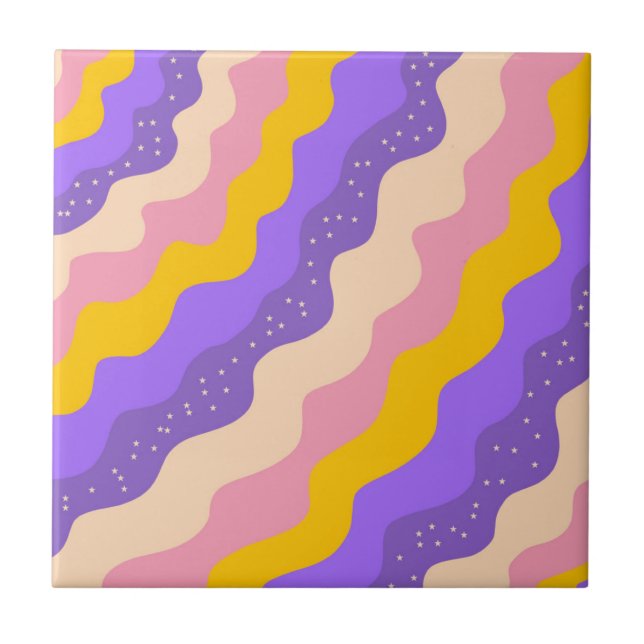 Azulejo Groovy de franja celeste amarillo morado Resumen (Frente)
