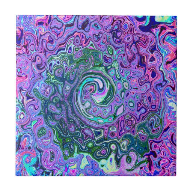 Azulejo Groovy Resumen Retro Green y Purple Swirl (Frente)