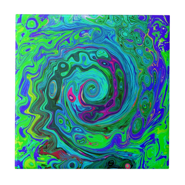 Azulejo Groovy Resumen Swirl Retro Verde y Azul (Frente)