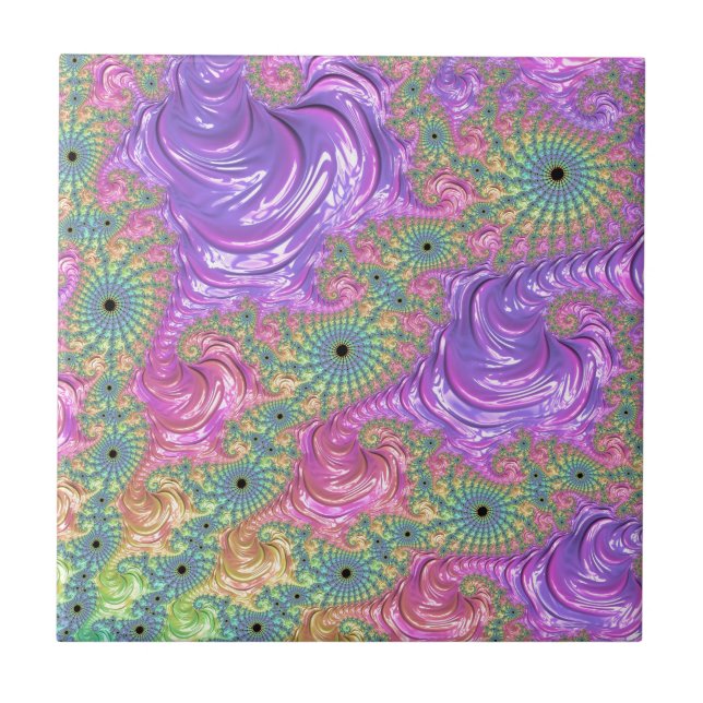 Azulejo Groovy Trippy Boho Tonos de Joyas Arcoíris Fractal (Frente)