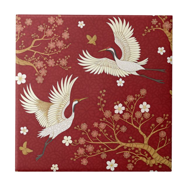 Azulejo Grulla coronada roja patrón Sakura (1) (Frente)