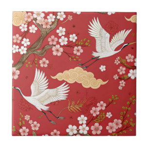 Azulejo Grulla coronada roja patrón Sakura (2)