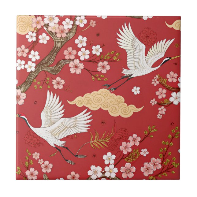 Azulejo Grulla coronada roja patrón Sakura (2) (Frente)