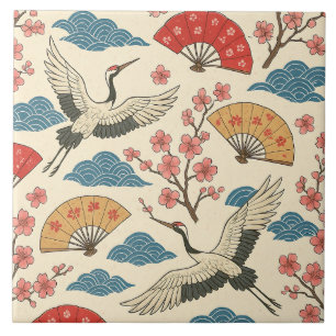 Azulejo Grulla Japonesa Patrón Sakura Tradicional Japonés