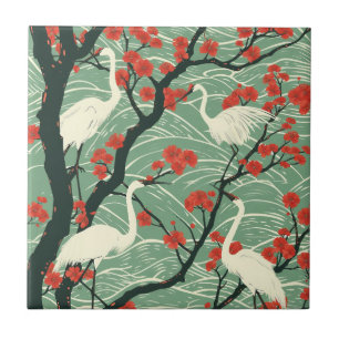 Azulejo Grulla Japonesa y Flor de Cerezo - Arte Oriental