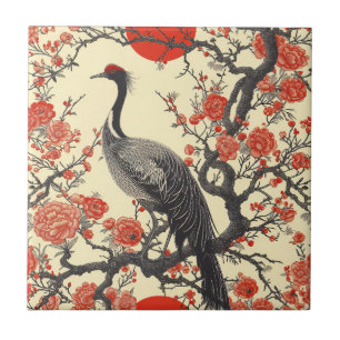 Azulejo Grulla Oriental y Peonía - Arte Asiático Tradicion